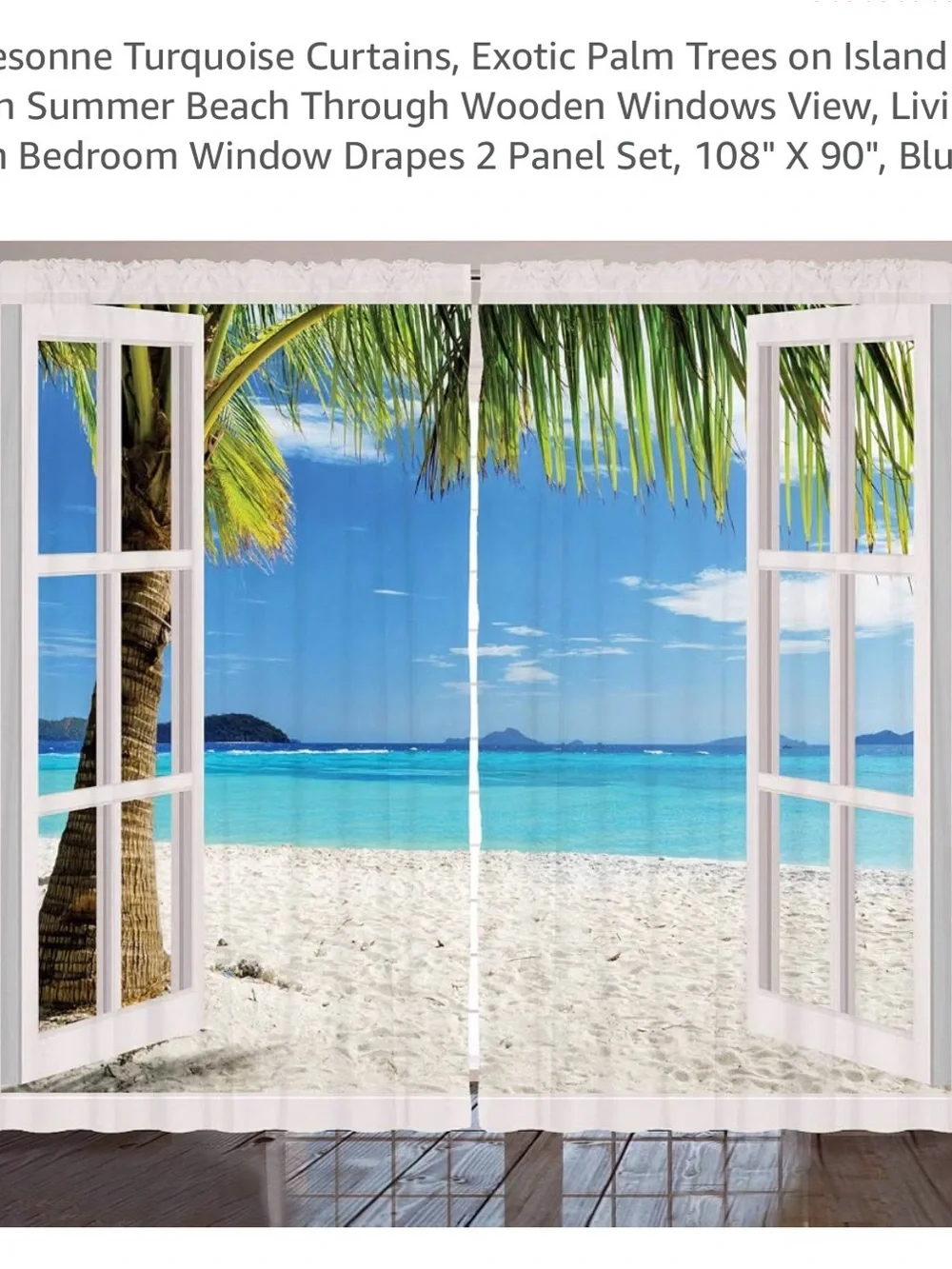 Turquoise Beach Window Curtain Panel Set - Tropical Palm Print